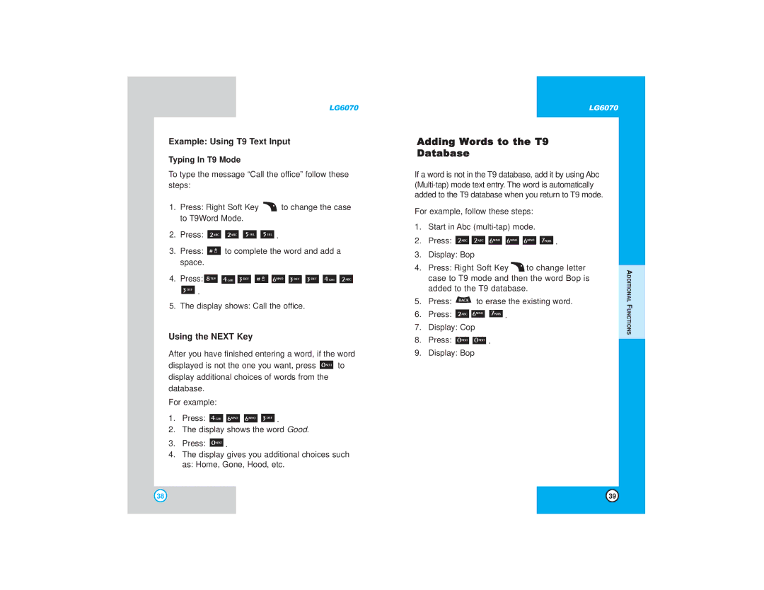 LG Electronics 6070 Adding Words to the T9 Database, Example Using T9 Text Input, Using the Next Key, Typing In T9 Mode 