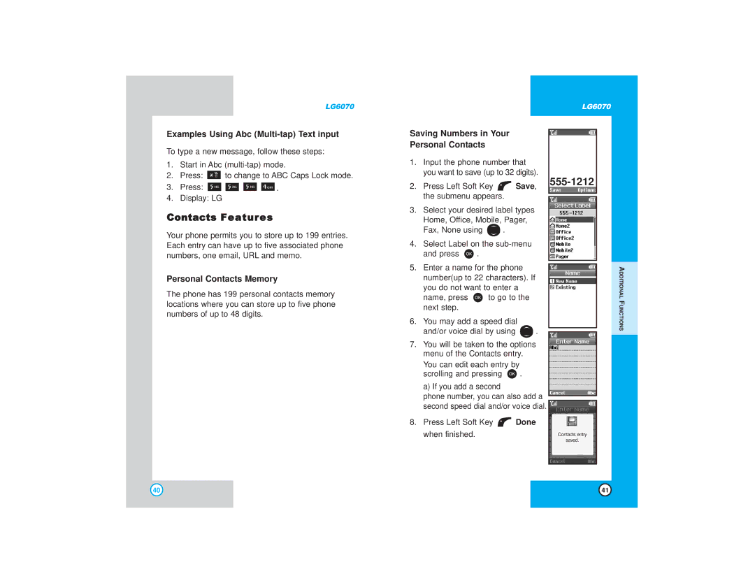 LG Electronics 6070 manual Contacts Features, Examples Using Abc Multi-tap Text input, Personal Contacts Memory 