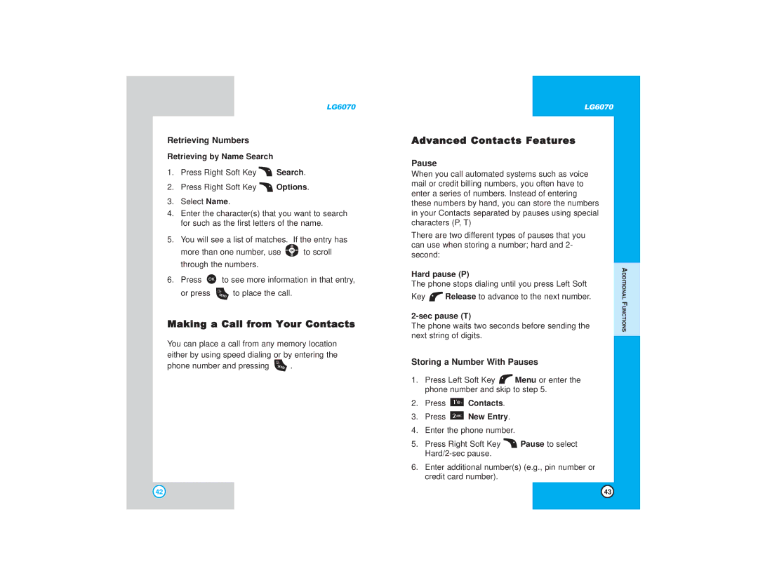 LG Electronics 6070 manual Making a Call from Your Contacts, Advanced Contacts Features, Retrieving Numbers, Pause 