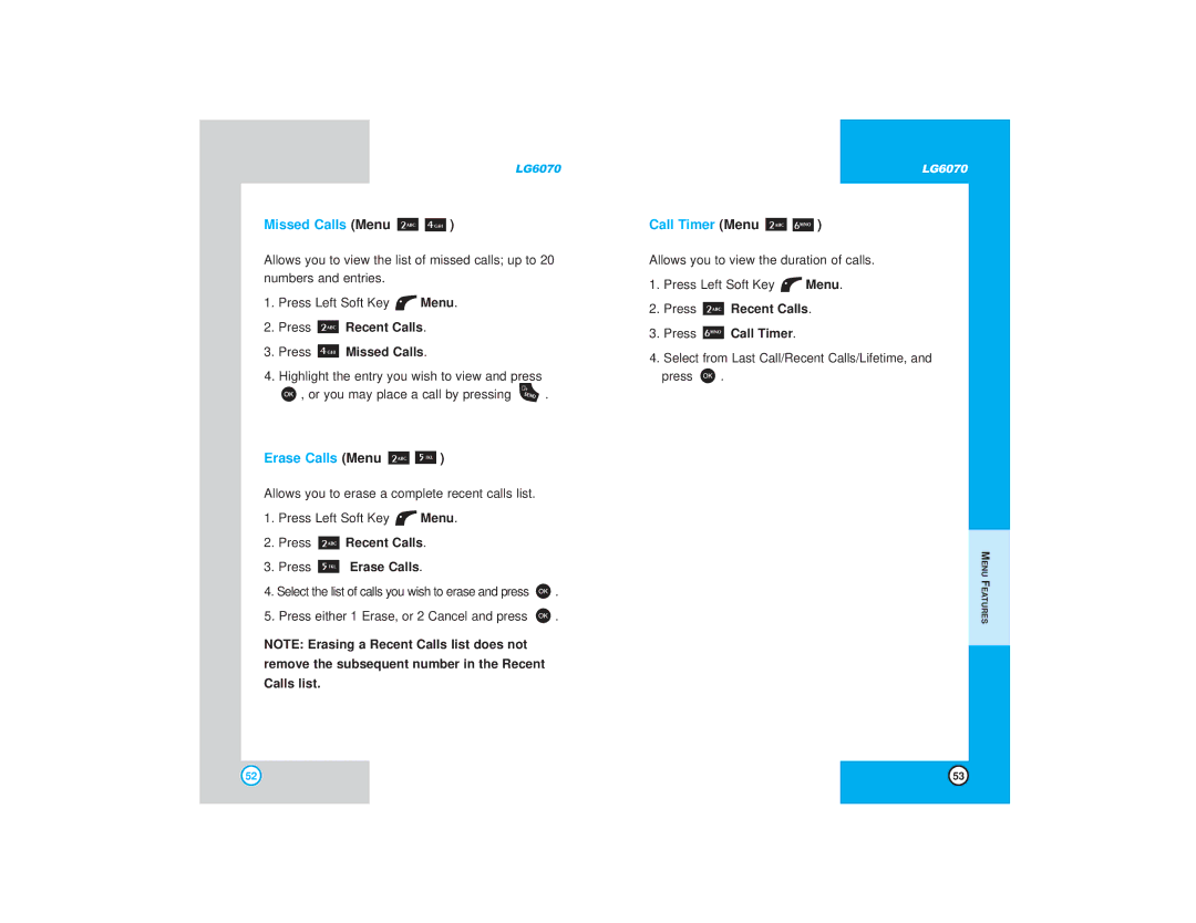 LG Electronics 6070 manual Missed Calls Menu, Erase Calls Menu, Call Timer Menu 