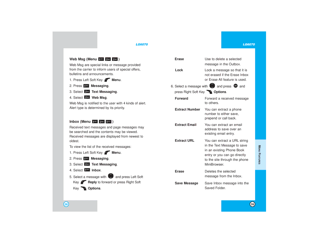 LG Electronics 6070 manual Web Msg Menu, Inbox Menu 