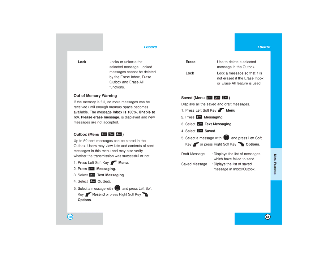 LG Electronics 6070 manual Out of Memory Warning, Outbox Menu, Saved Menu, Rcv. Please erase message. is displayed and new 