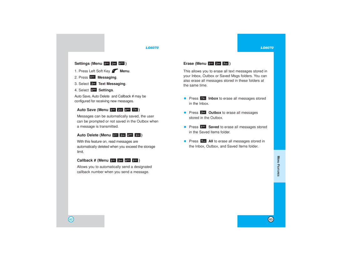 LG Electronics 6070 manual Settings Menu, Auto Save Menu, Auto Delete Menu, Callback # Menu, Erase Menu 