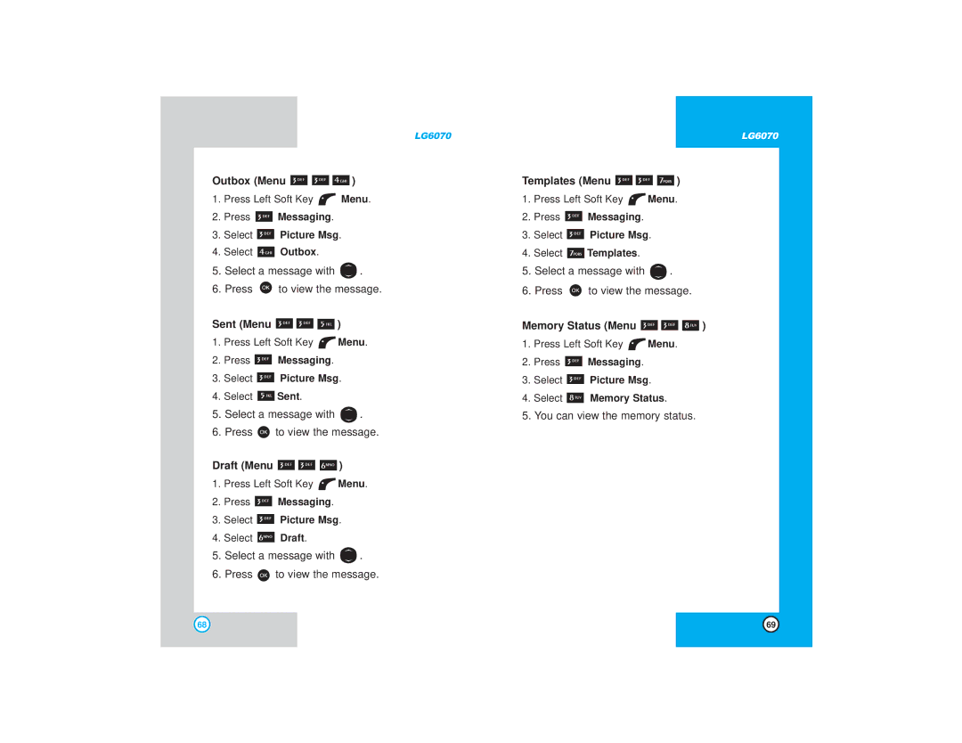 LG Electronics 6070 manual Sent Menu, Draft Menu, Templates Menu, Memory Status Menu 