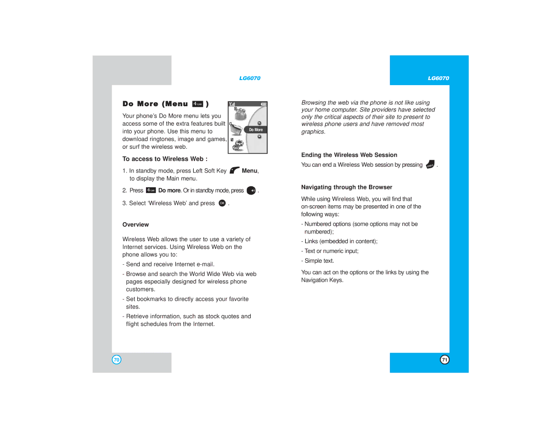 LG Electronics 6070 manual Do More Menu, To access to Wireless Web, Overview, Ending the Wireless Web Session 