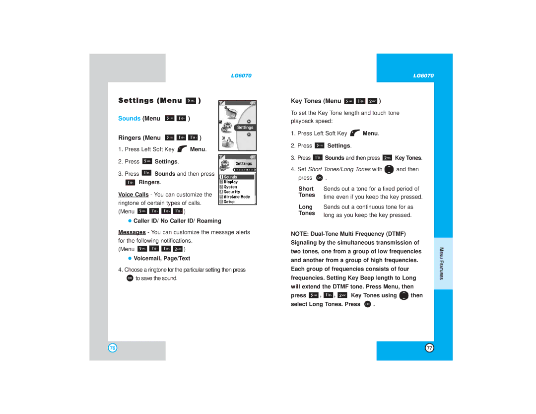LG Electronics 6070 manual Settings Menu, Sounds Menu, Ringers Menu, Key Tones Menu 