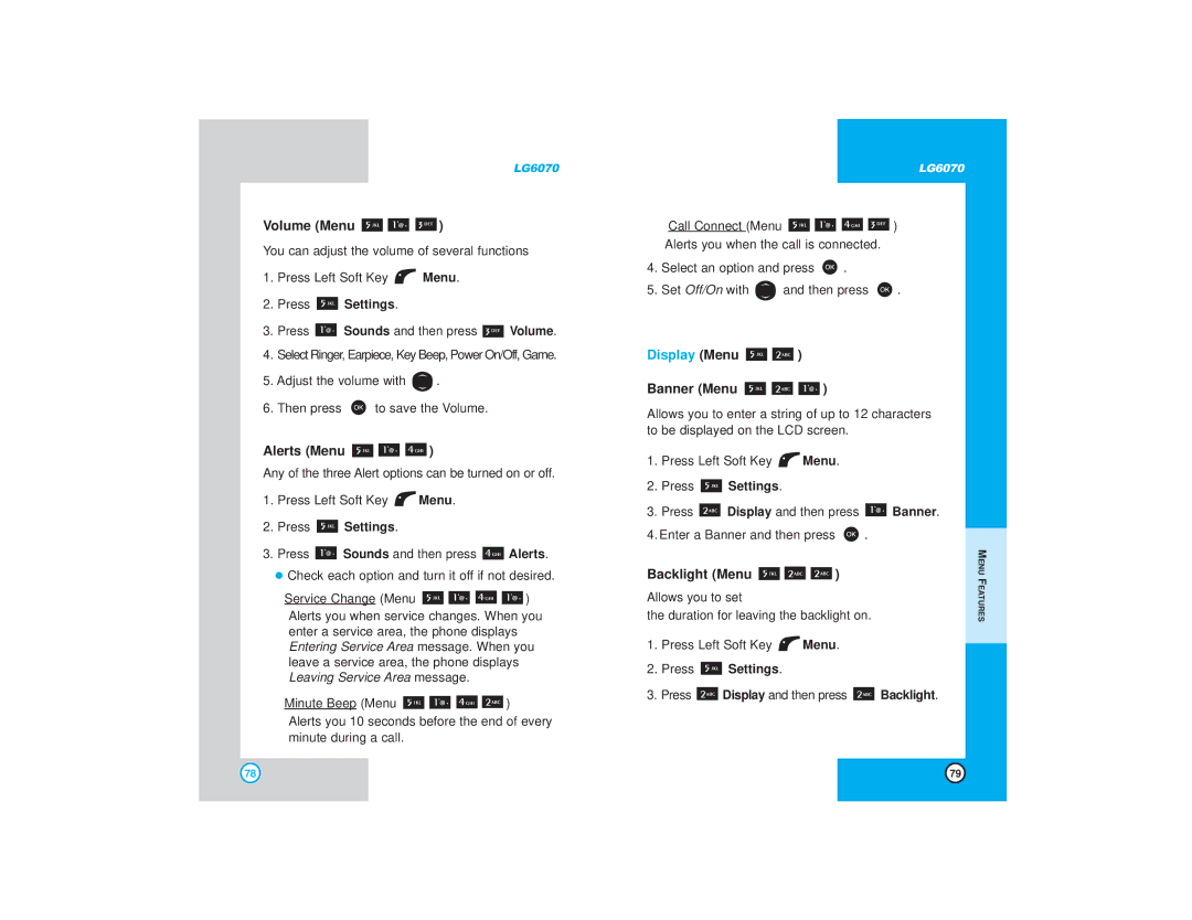 LG Electronics 6070 manual Volume Menu, Alerts Menu, Display Menu, Banner Menu, Backlight Menu 