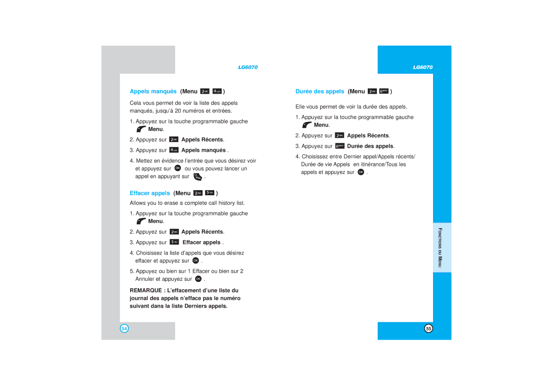 LG Electronics 6070 manual Appels manqués Menu, Effacer appels Menu, Durée des appels Menu 