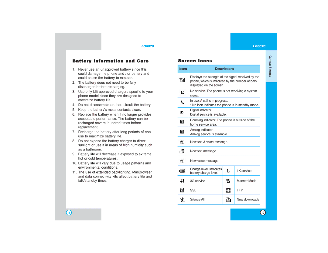 LG Electronics 6070 manual Battery Information and Care, Screen Icons 