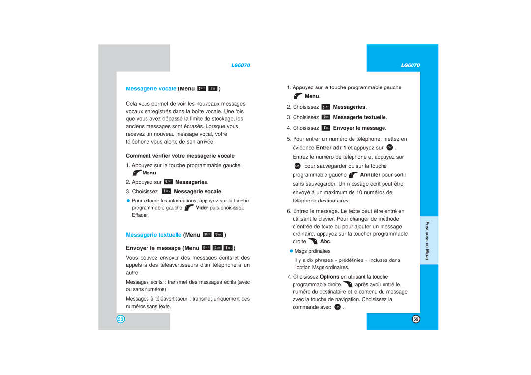 LG Electronics 6070 manual Messagerie vocale Menu, Messagerie textuelle Menu, Envoyer le message Menu 