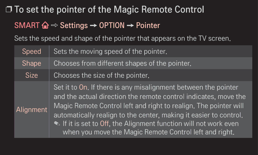 LG Electronics 60LA6200 owner manual To set the pointer of the Magic Remote Control, Smart Settings Option Pointer 