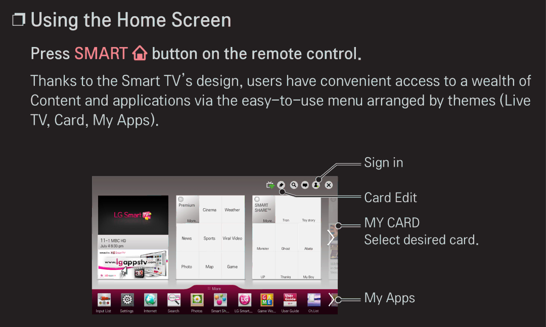 LG Electronics 60LA6200 owner manual Using the Home Screen, Press Smart button on the remote control 