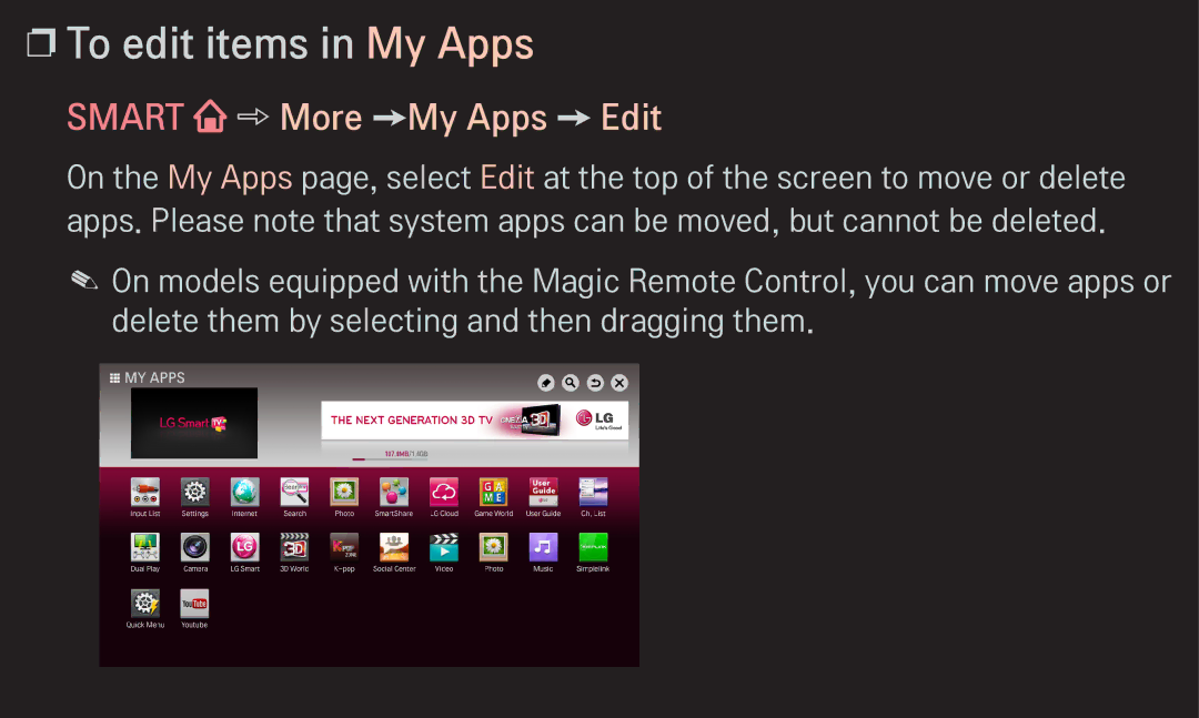 LG Electronics 60LA6200 owner manual To edit items in My Apps, Smart More My Apps Edit 