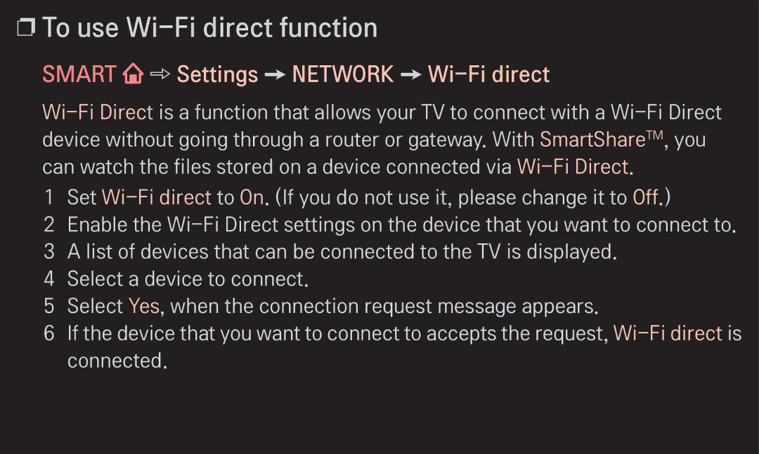 LG Electronics 60LA6200 owner manual To use Wi-Fi direct function, Smart Settings Network Wi-Fi direct 