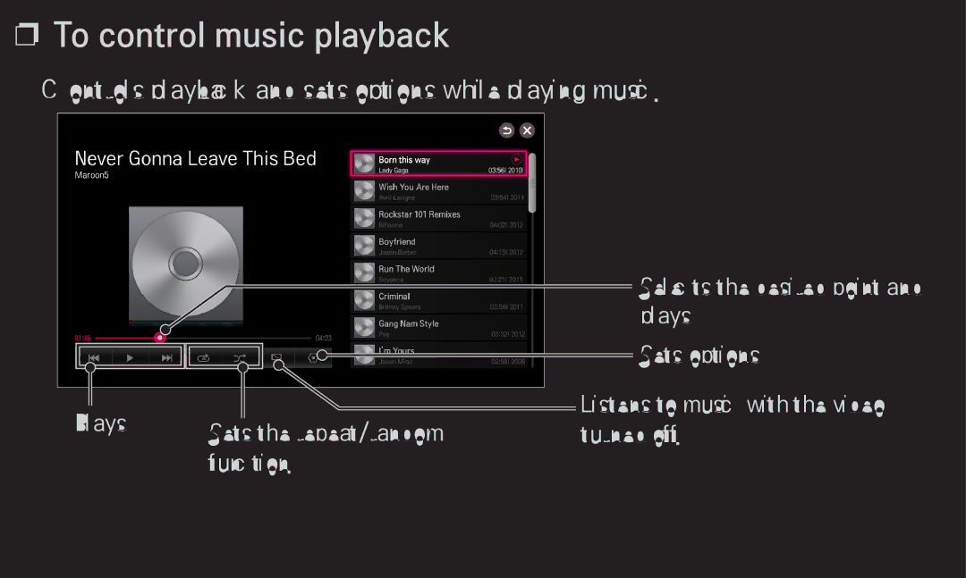 LG Electronics 60LA6200 owner manual To control music playback, Controls playback and sets options while playing music 