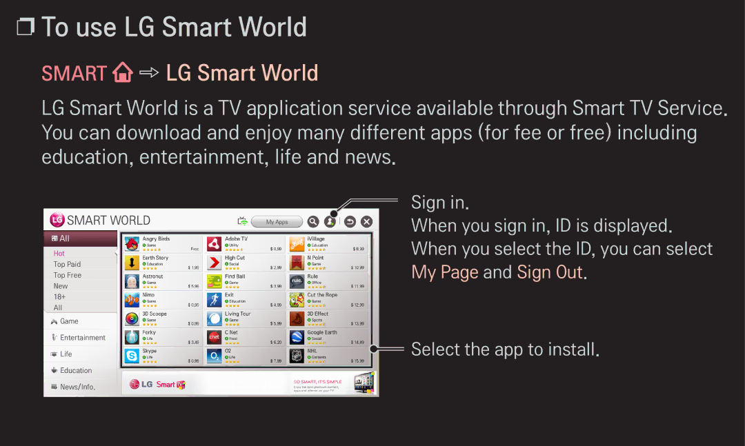 LG Electronics 60LA6200 owner manual To use LG Smart World, Smart LG Smart World 