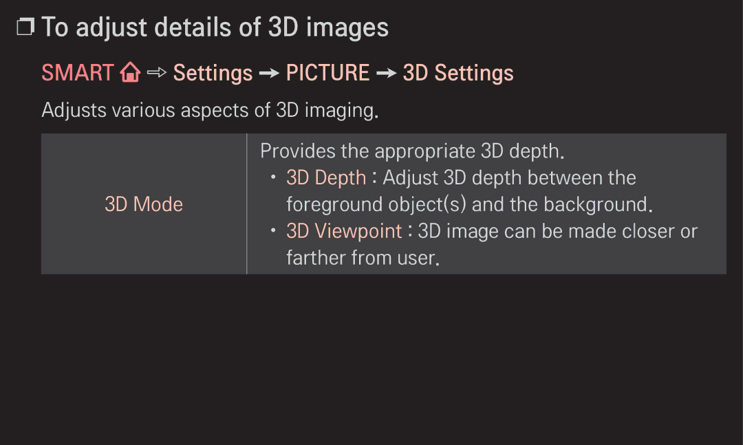 LG Electronics 60LA6200 owner manual To adjust details of 3D images, Smart Settings Picture 3D Settings 