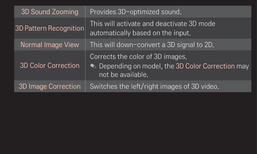 LG Electronics 60LA6200 owner manual 3D Sound Zooming, Normal Image View 3D Color Correction 3D Image Correction 