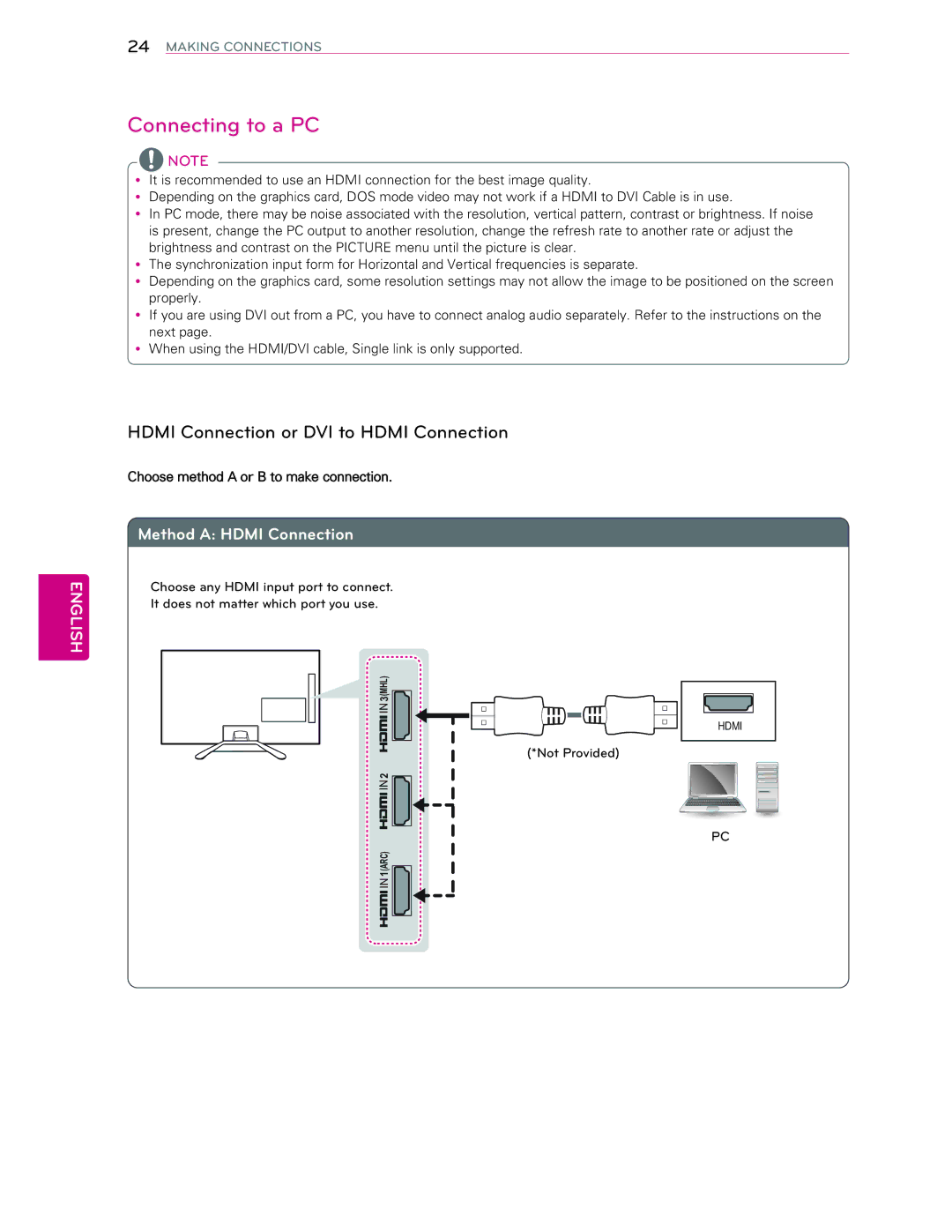 LG Electronics 60LA6200 owner manual Connecting to a PC 