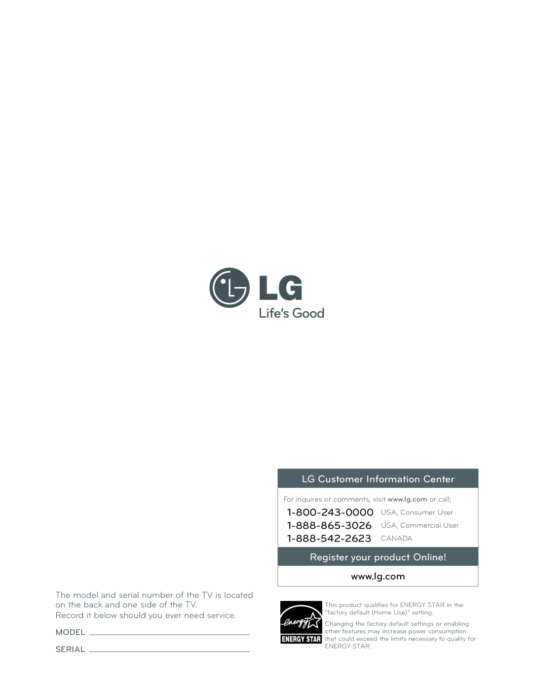 LG Electronics 60LA6200 owner manual LG Customer Information Center 