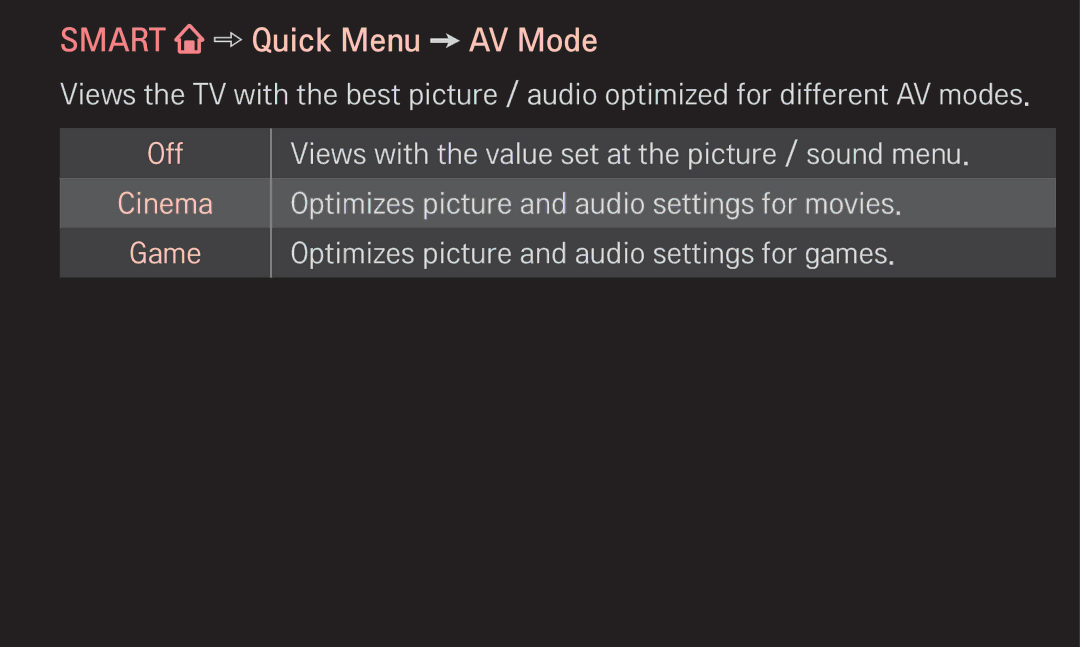 LG Electronics 60LA6200 owner manual Smart Quick Menu AV Mode, Off Cinema Game 