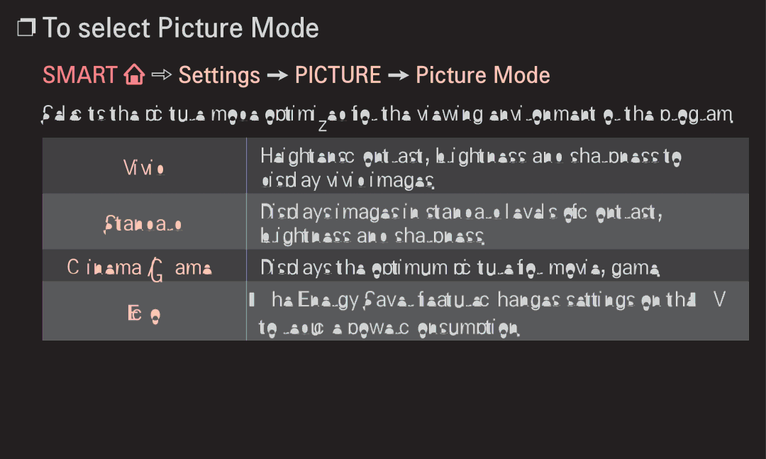 LG Electronics 60LA6200 To select Picture Mode, Smart Settings Picture Picture Mode, Vivid Standard Cinema / Game Eco 