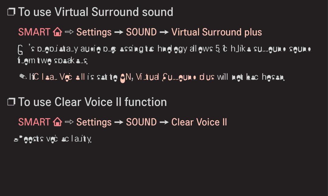 LG Electronics 60LA6200 To use Virtual Surround sound, To use Clear Voice ll function, Smart Settings Sound Clear Voice ll 