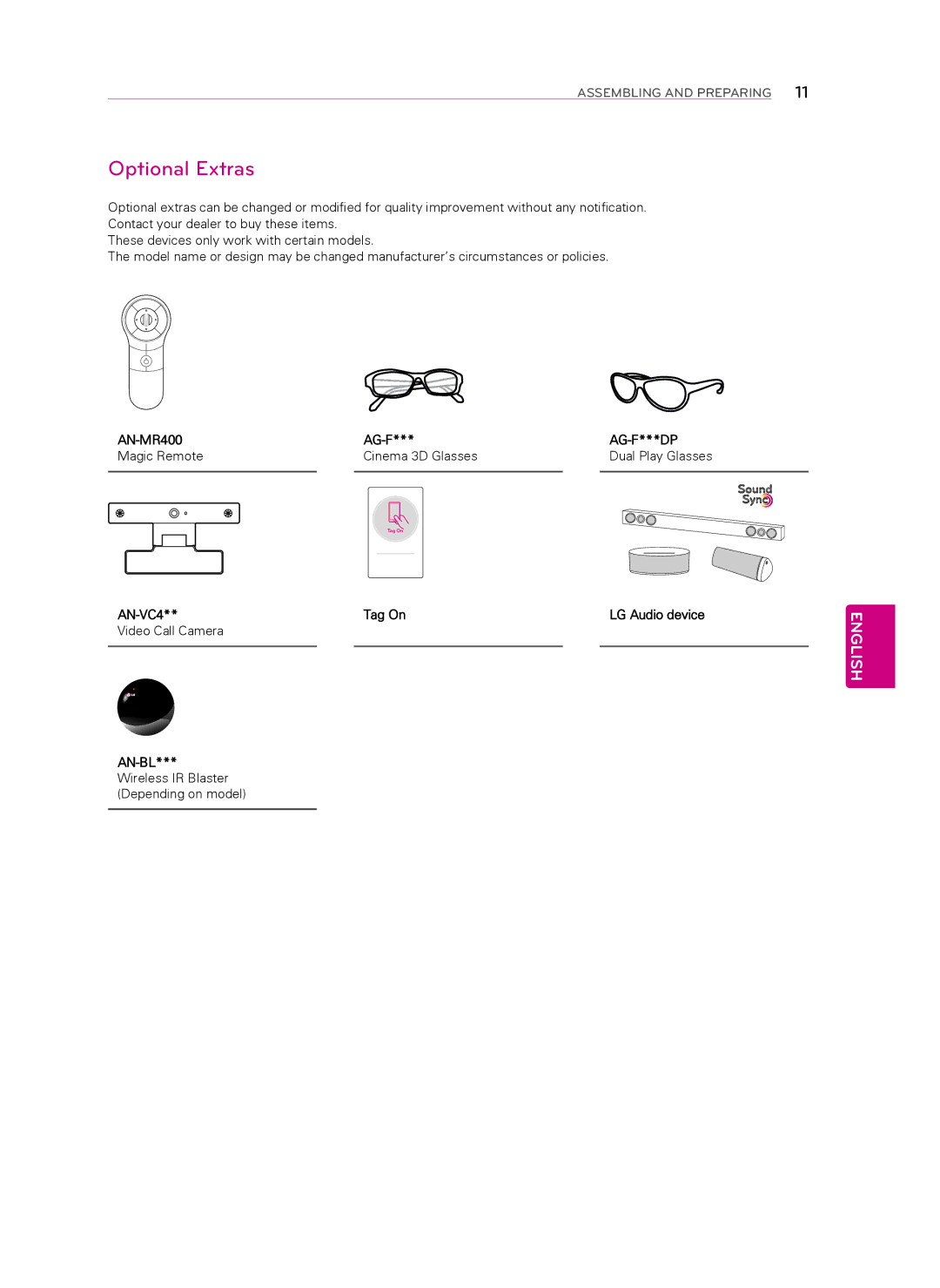 LG Electronics 60LA7400 owner manual Optional Extras, AN-MR400 AG-F AG-F***DP, AN-VC4 Tag On 