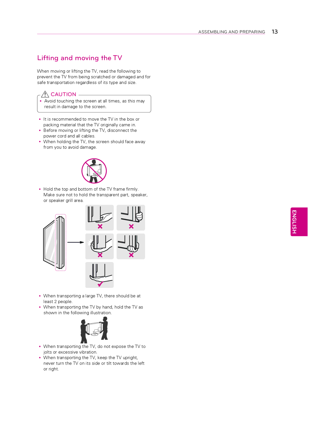 LG Electronics 60LA7400 owner manual Lifting and moving the TV 