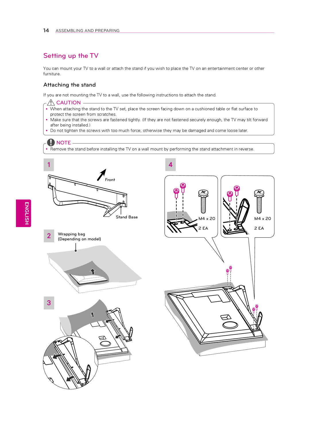 LG Electronics 60LA7400 owner manual Setting up the TV, Attaching the stand 