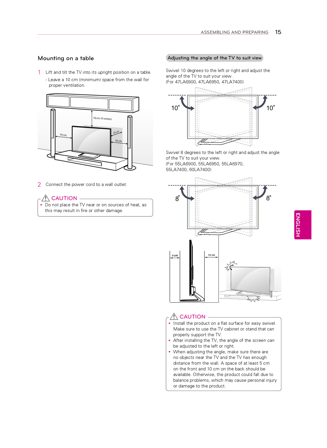 LG Electronics 60LA7400 owner manual Mounting on a table 