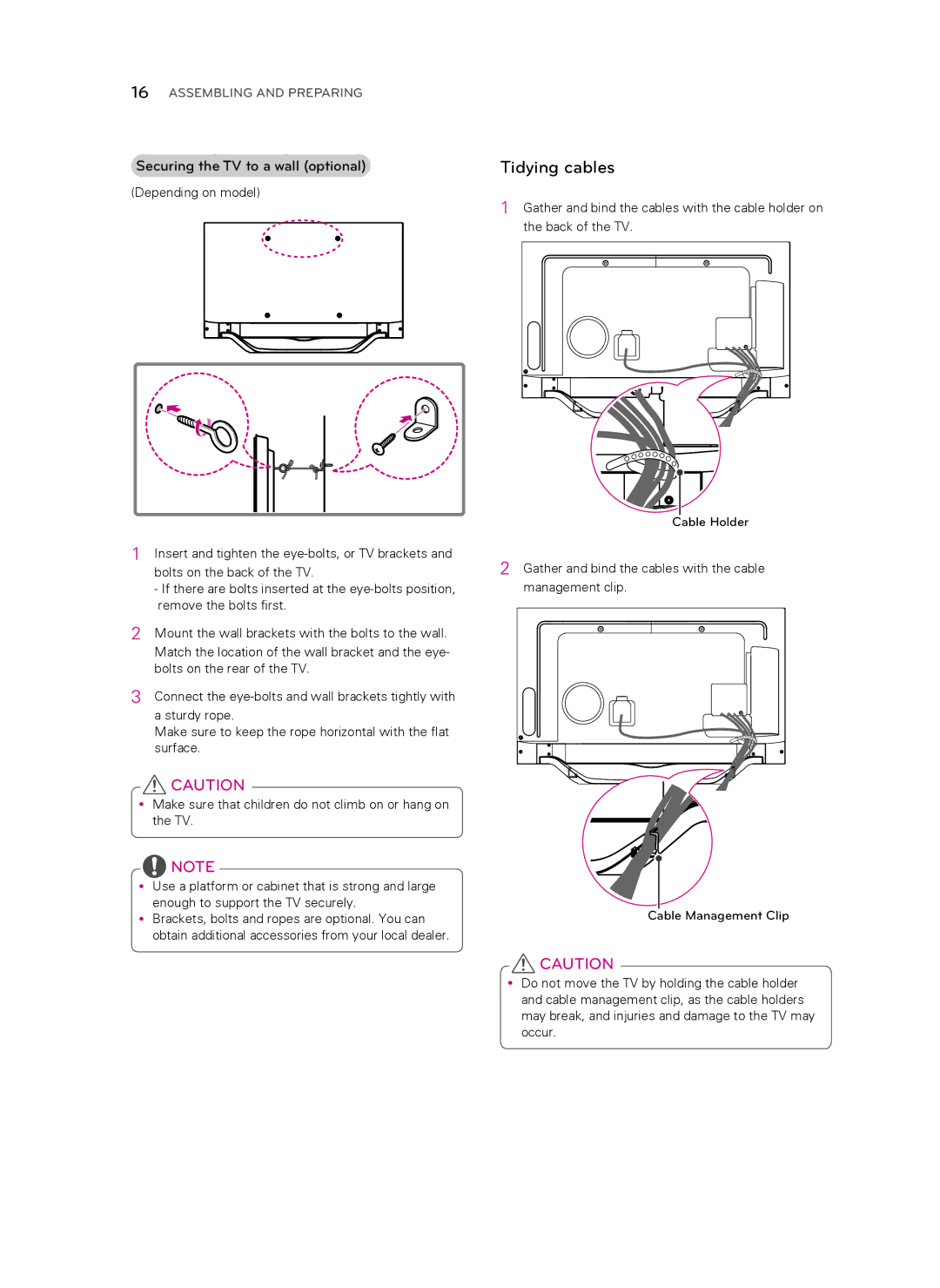 LG Electronics 60LA7400 owner manual Tidying cables, Securing the TV to a wall optional 