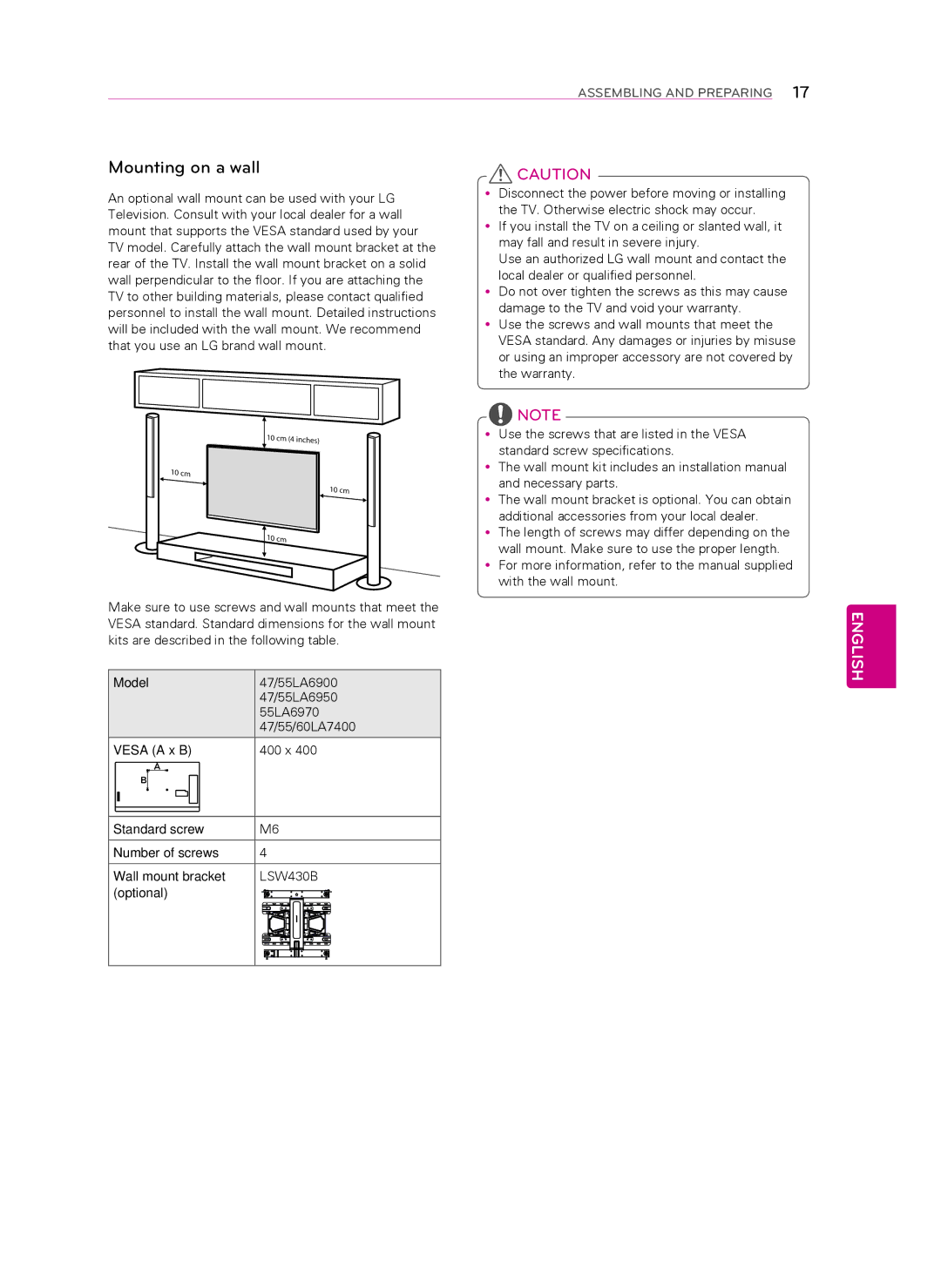 LG Electronics 60LA7400 Mounting on a wall, Model, Vesa a x B, Standard screw Number of screws Wall mount bracket 