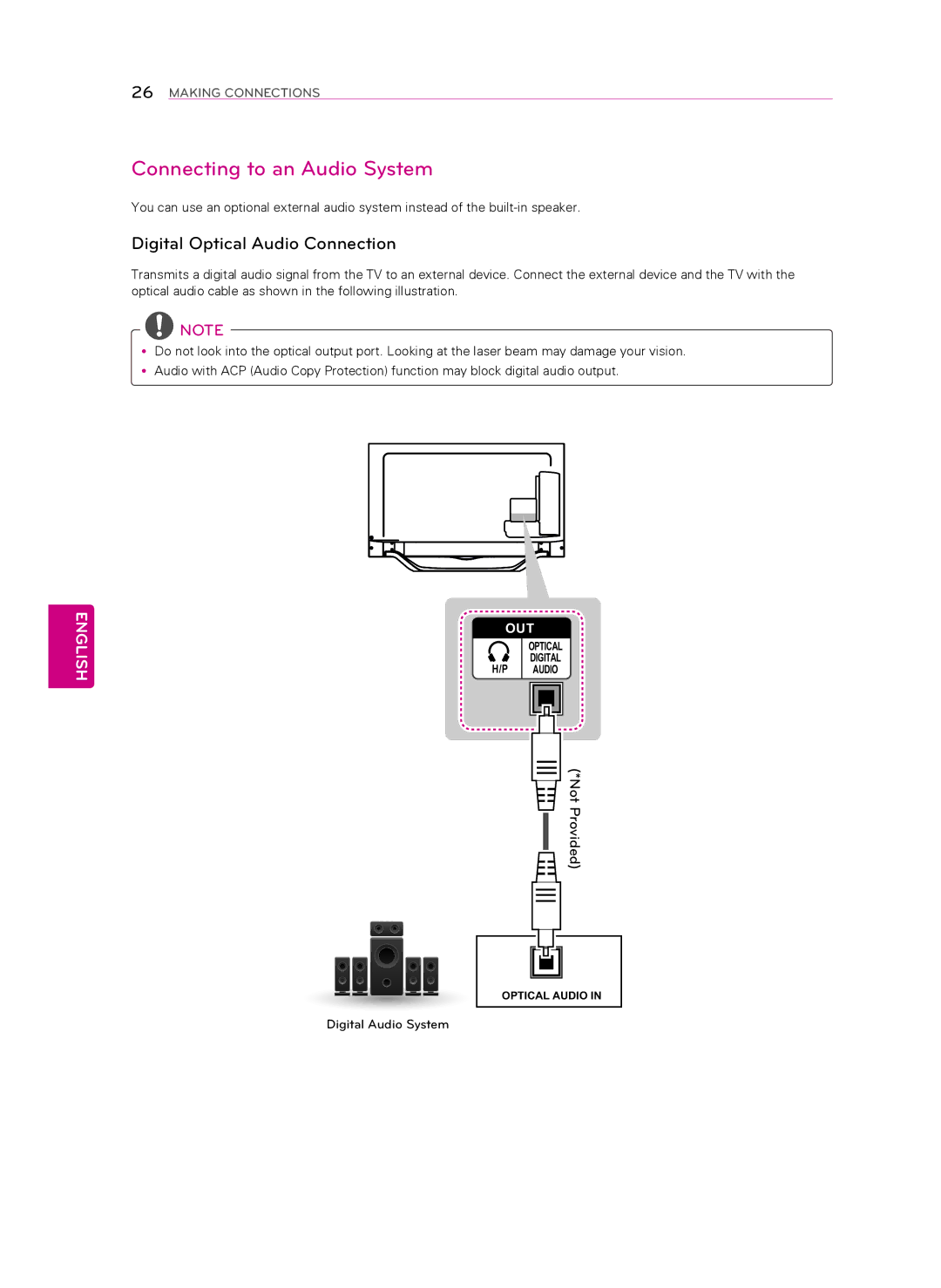 LG Electronics 60LA7400 owner manual Connecting to an Audio System, Digital Optical Audio Connection 