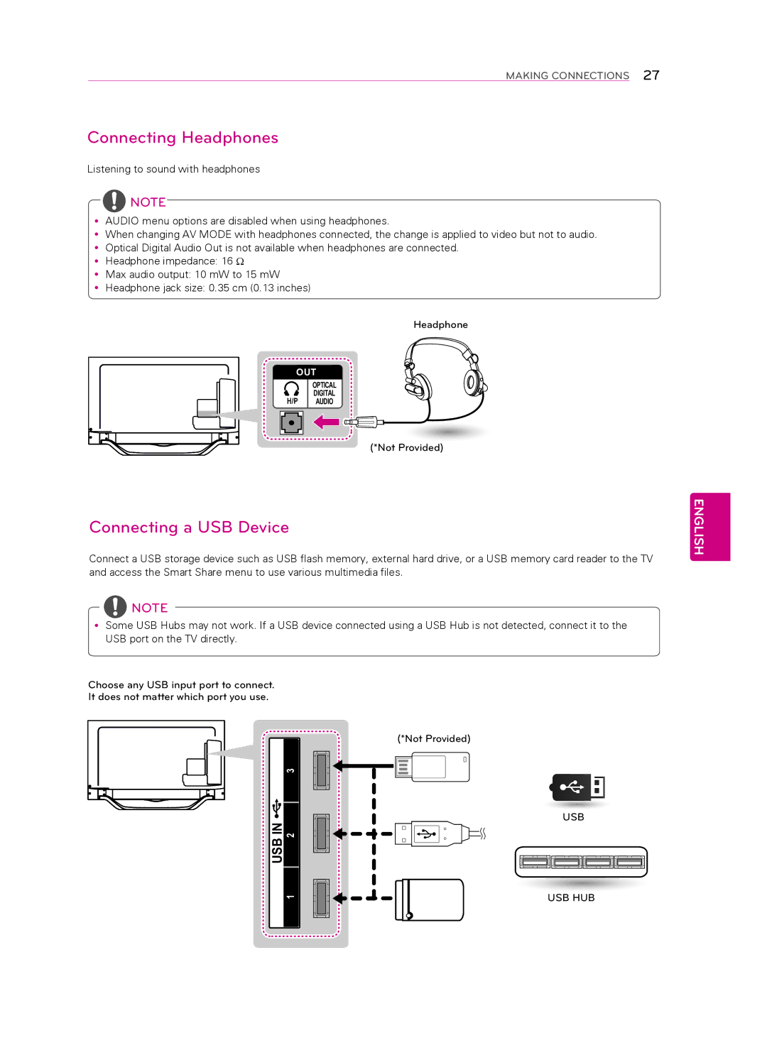 LG Electronics 60LA7400 owner manual Connecting Headphones, Connecting a USB Device 