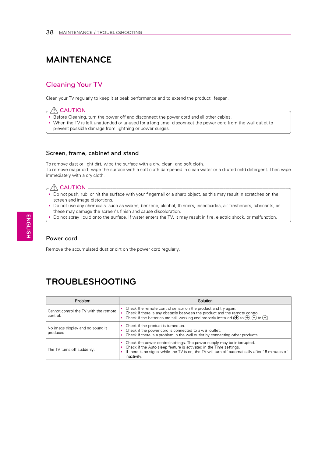 LG Electronics 60LA7400 Maintenance, Troubleshooting, Cleaning Your TV, Screen, frame, cabinet and stand, Power cord 