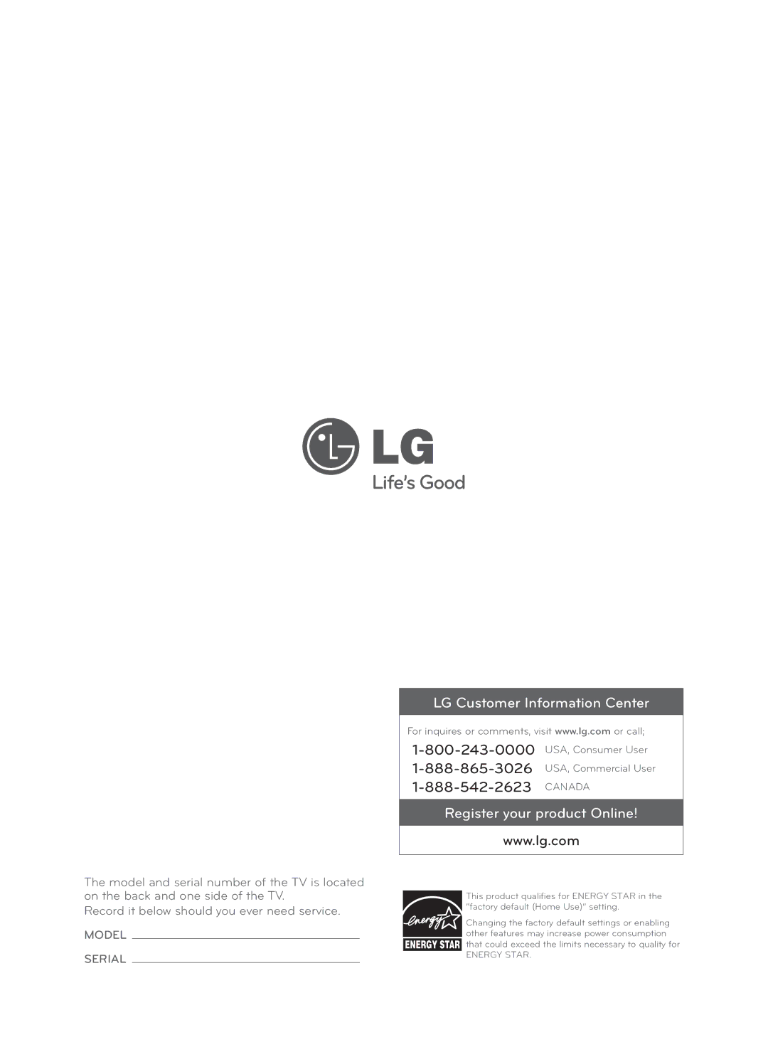 LG Electronics 60LA7400 owner manual Canada, Register your product Online 