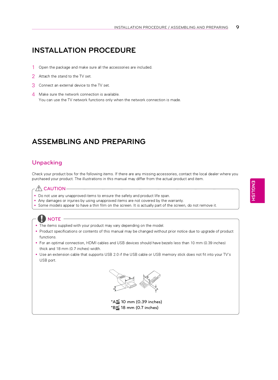 LG Electronics 60LA7400 owner manual Assembling and Preparing, Unpacking, 10 mm 0.39 inches *B 18 mm 0.7 inches 