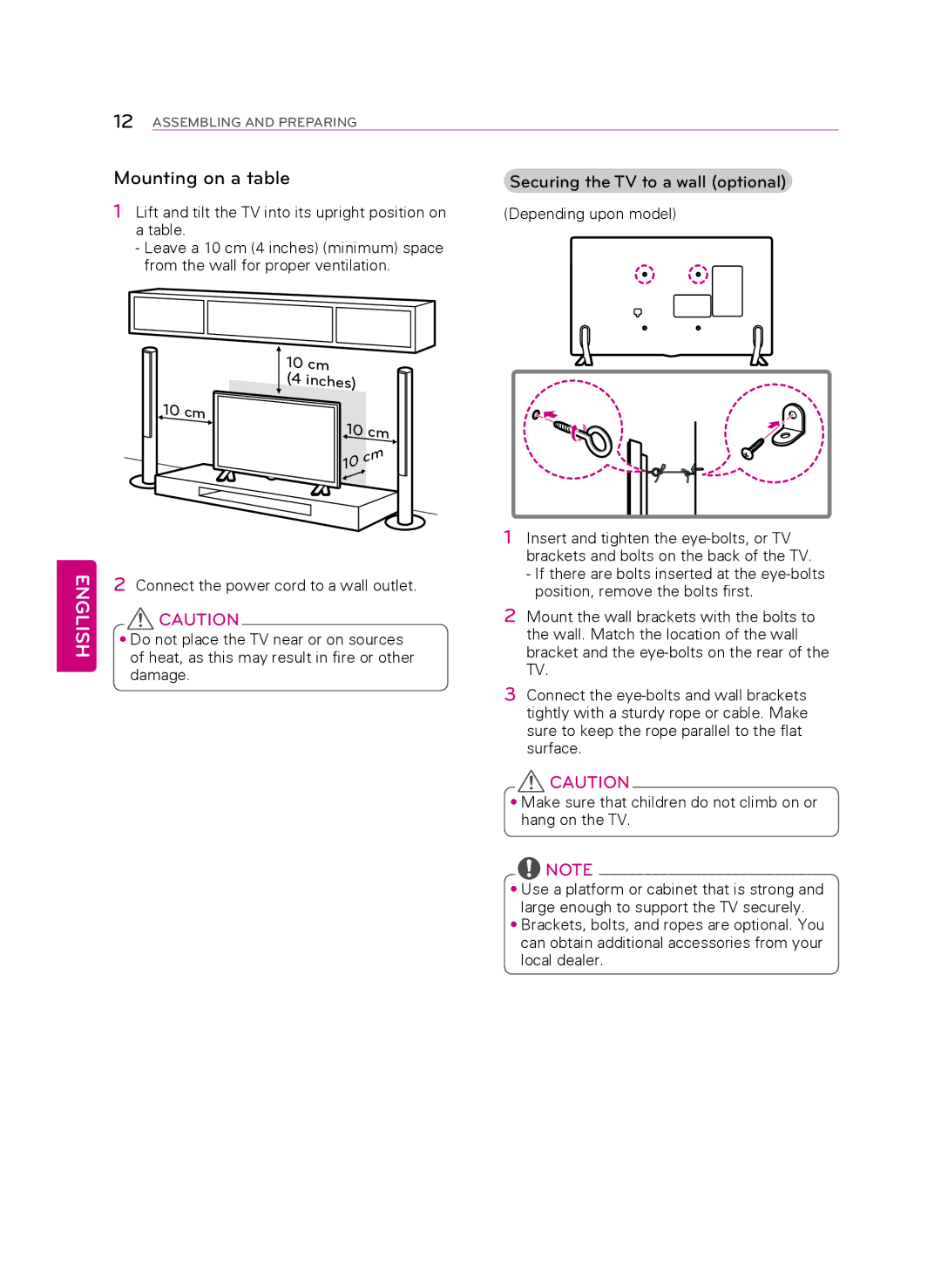 LG Electronics 47LB5900, 60LB6000, 50LB5900, 55LB6000, 60LB5900 Mounting on a table, Securing the TV to a wall optional 