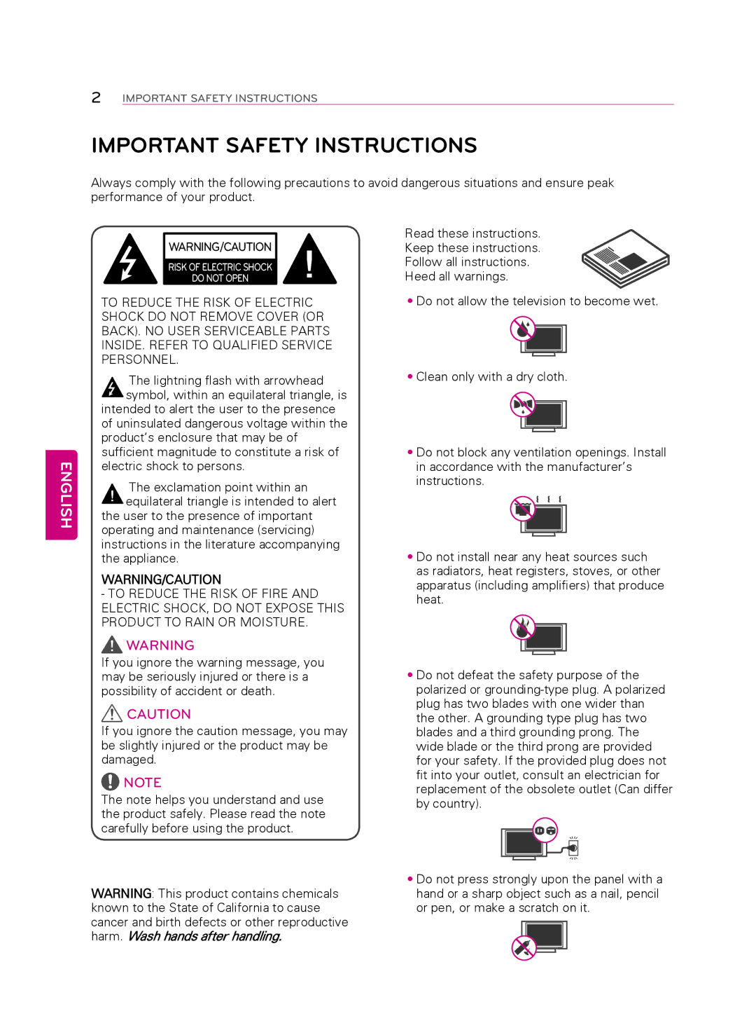 LG Electronics 47LB5900, 60LB6000, 50LB5900, 55LB6000, 60LB5900 owner manual Important Safety Instructions, English 