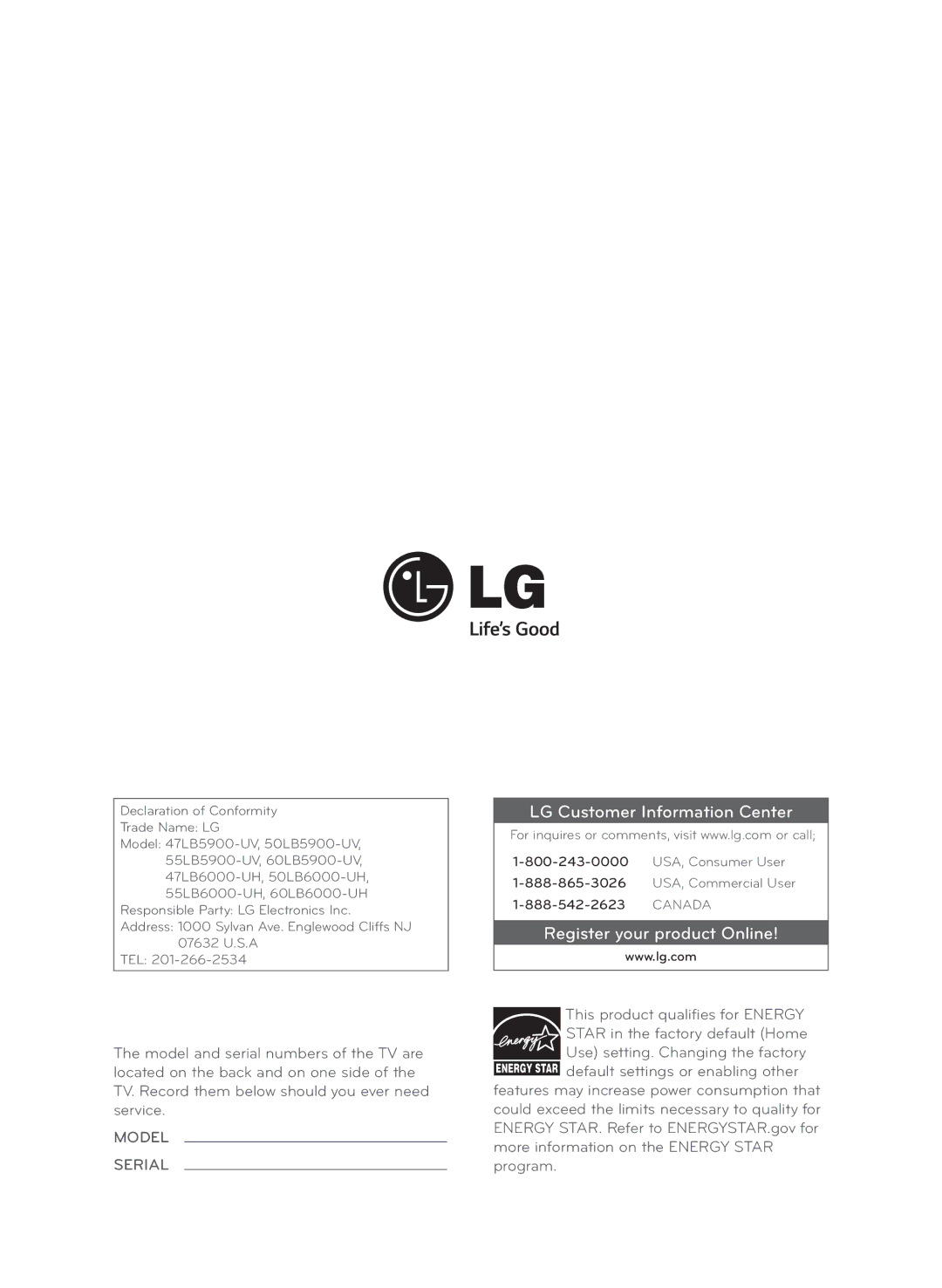 LG Electronics 55LB6000, 60LB6000, 50LB5900, 47LB5900, 60LB5900 owner manual LG Customer Information Center 