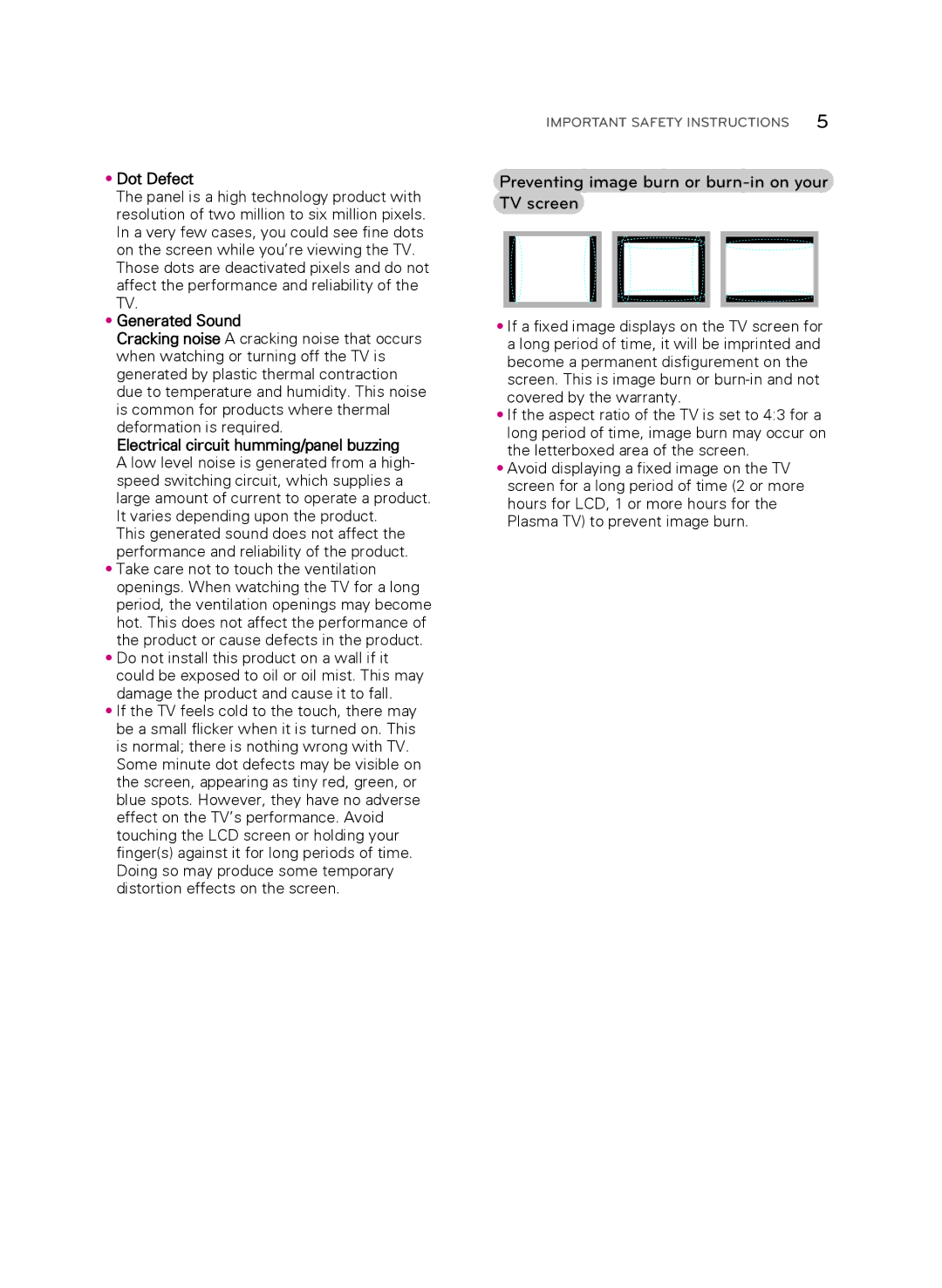 LG Electronics 60LB6000, 50LB5900, 47LB5900 Preventing image burn or burn-in on your TV screen, Dot Defect, Generated Sound 