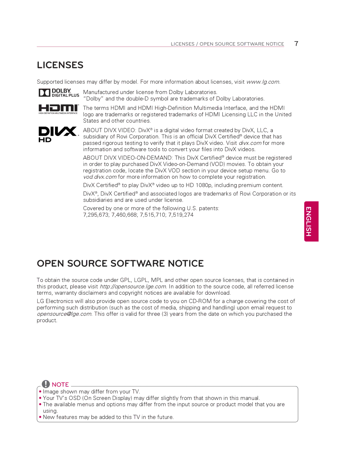 LG Electronics 47LB5900, 60LB6000, 50LB5900, 55LB6000, 60LB5900 owner manual Licenses, Open Source Software Notice 