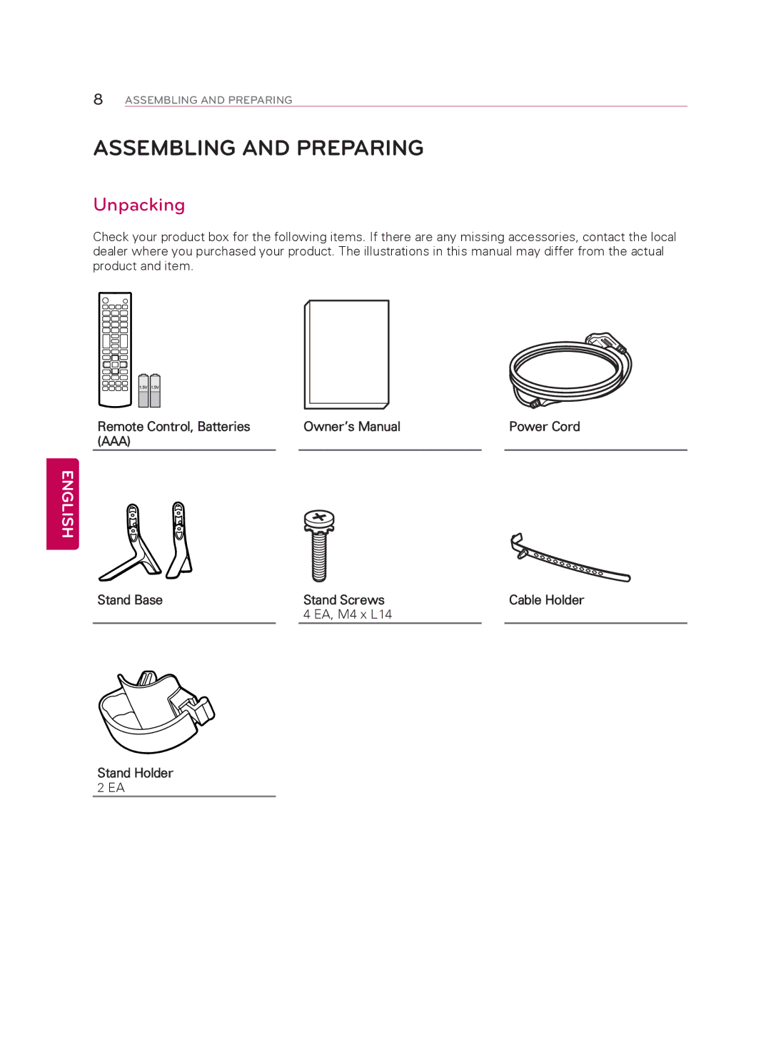 LG Electronics 55LB6000, 60LB6000, 50LB5900 Assembling and Preparing, Unpacking, Remote Control, Batteries Power Cord 