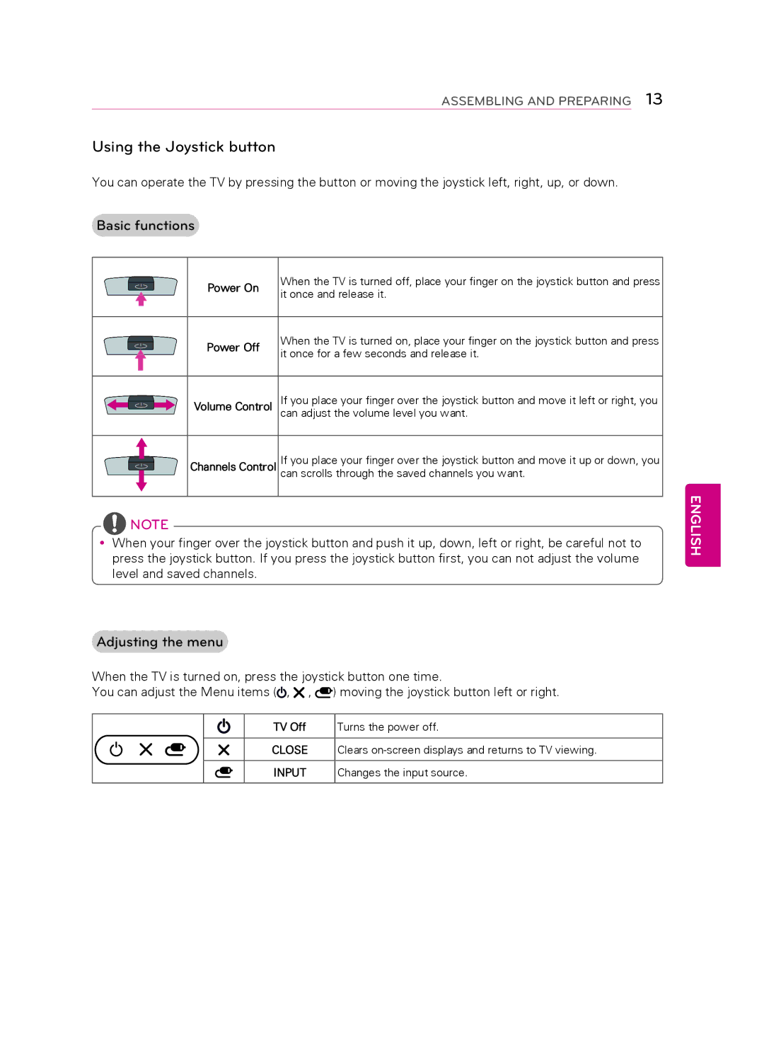 LG Electronics 47LB6300, 60LB6300, 42LB6300, 55LB6300 Using the Joystick button, Basic functions, Adjusting the menu 