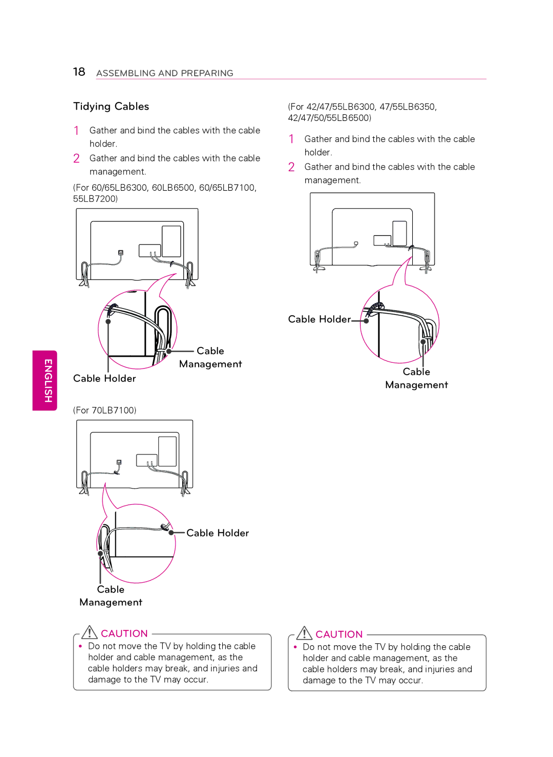 LG Electronics 42LB6300, 60LB6300, 47LB6300, 55LB6300 Tidying Cables, Cable Management Cable Holder, Cable Holder Management 