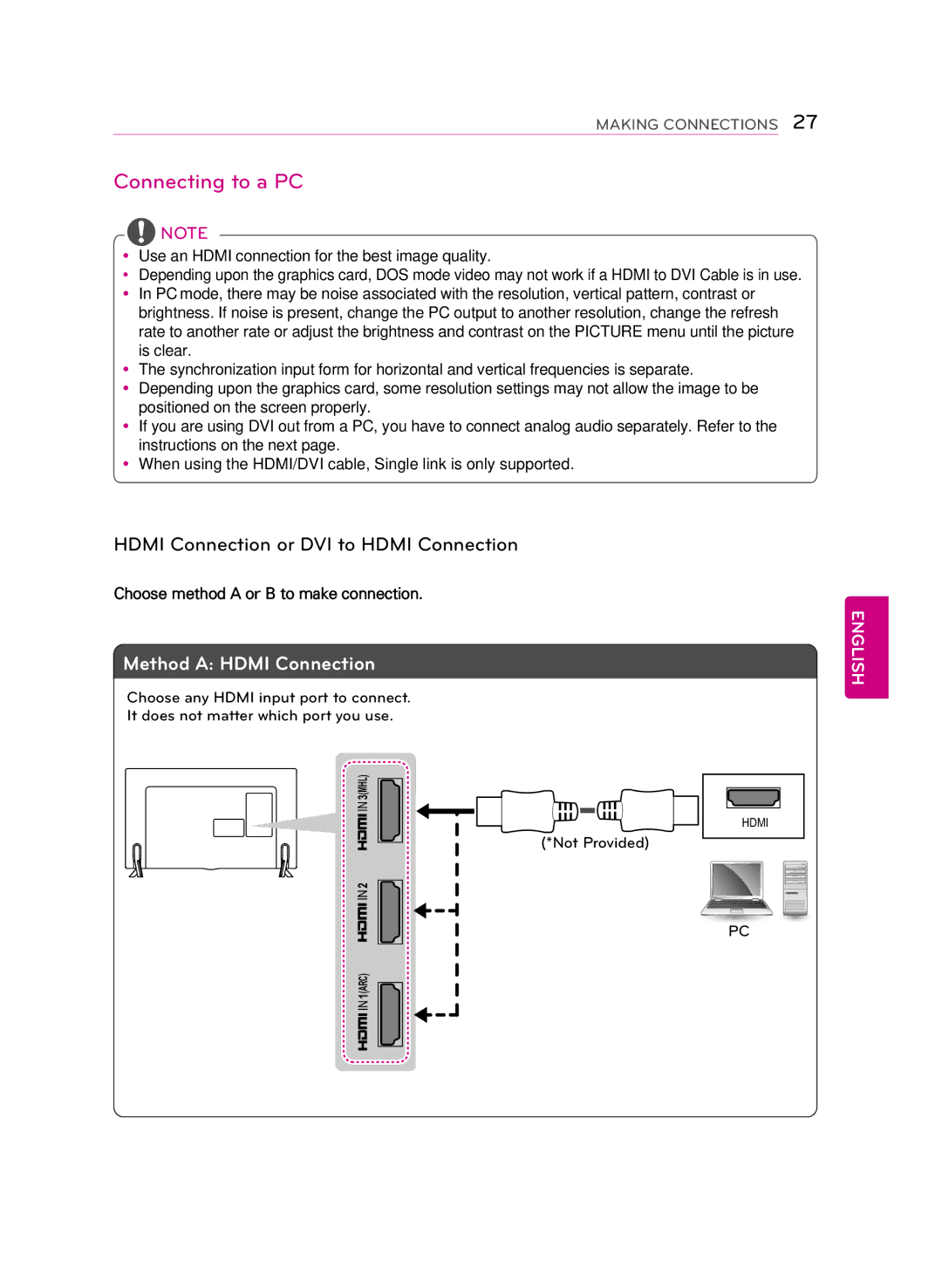 LG Electronics 55LB6300, 60LB6300, 47LB6300, 42LB6300 Connecting to a PC, Hdmi Connection or DVI to Hdmi Connection 