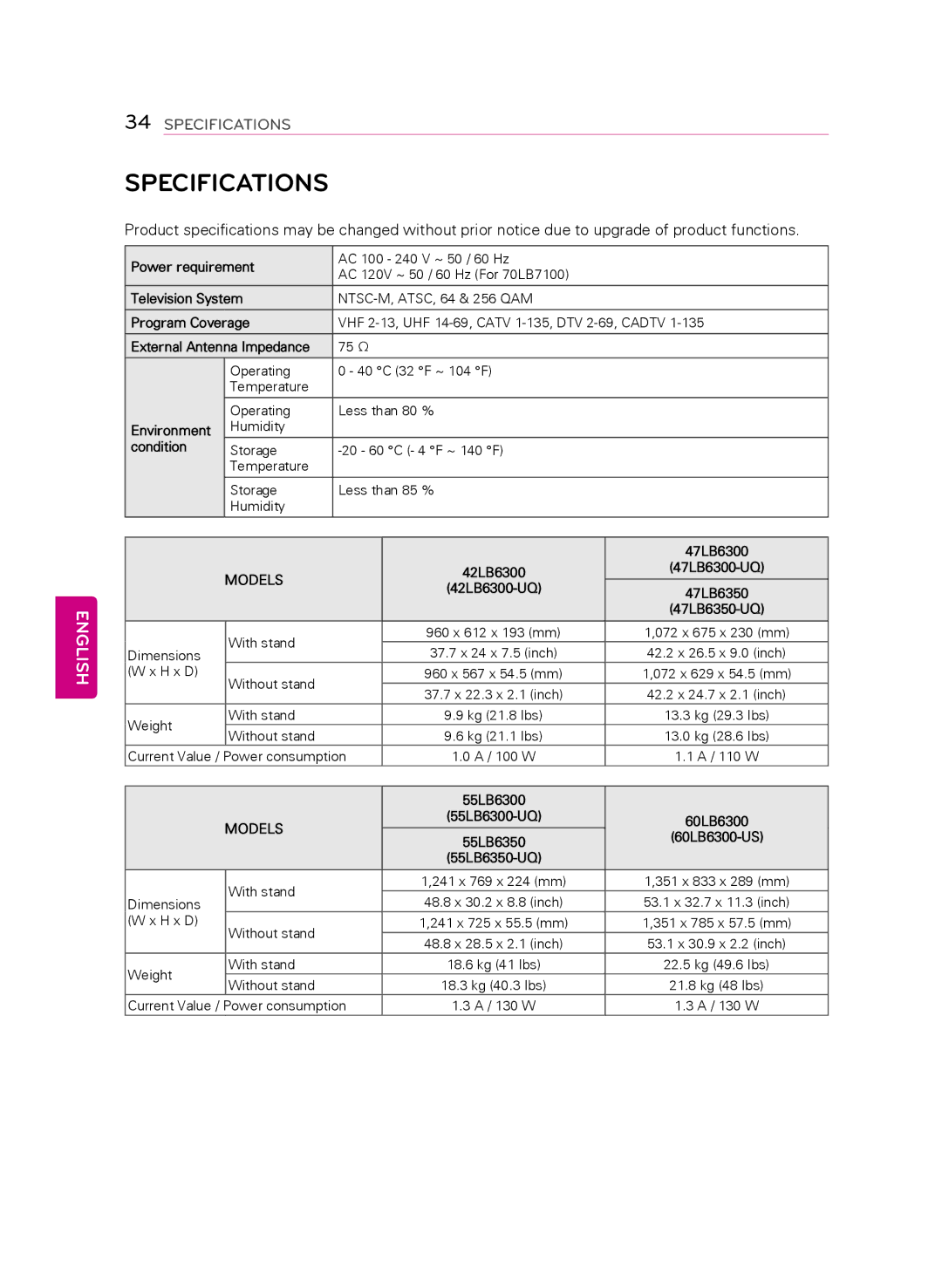 LG Electronics 42LB6300, 60LB6300, 47LB6300, 55LB6300 owner manual Specifications 