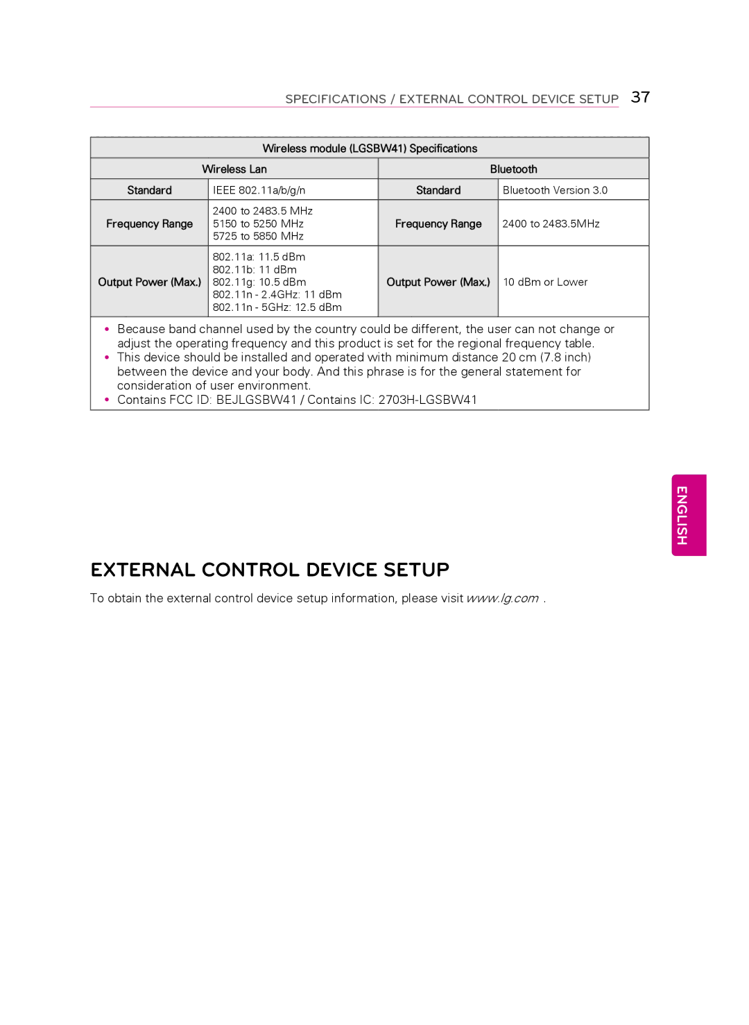 LG Electronics 47LB6300, 60LB6300, 42LB6300 External Control Device Setup, Specifications / external control device setup 