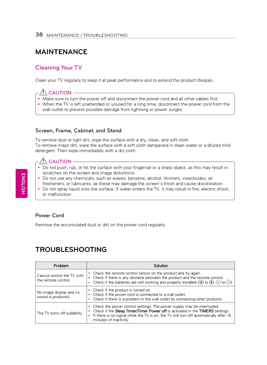 LG Electronics 42LB6300 Maintenance, Troubleshooting, Cleaning Your TV, Screen, Frame, Cabinet, and Stand, Power Cord 